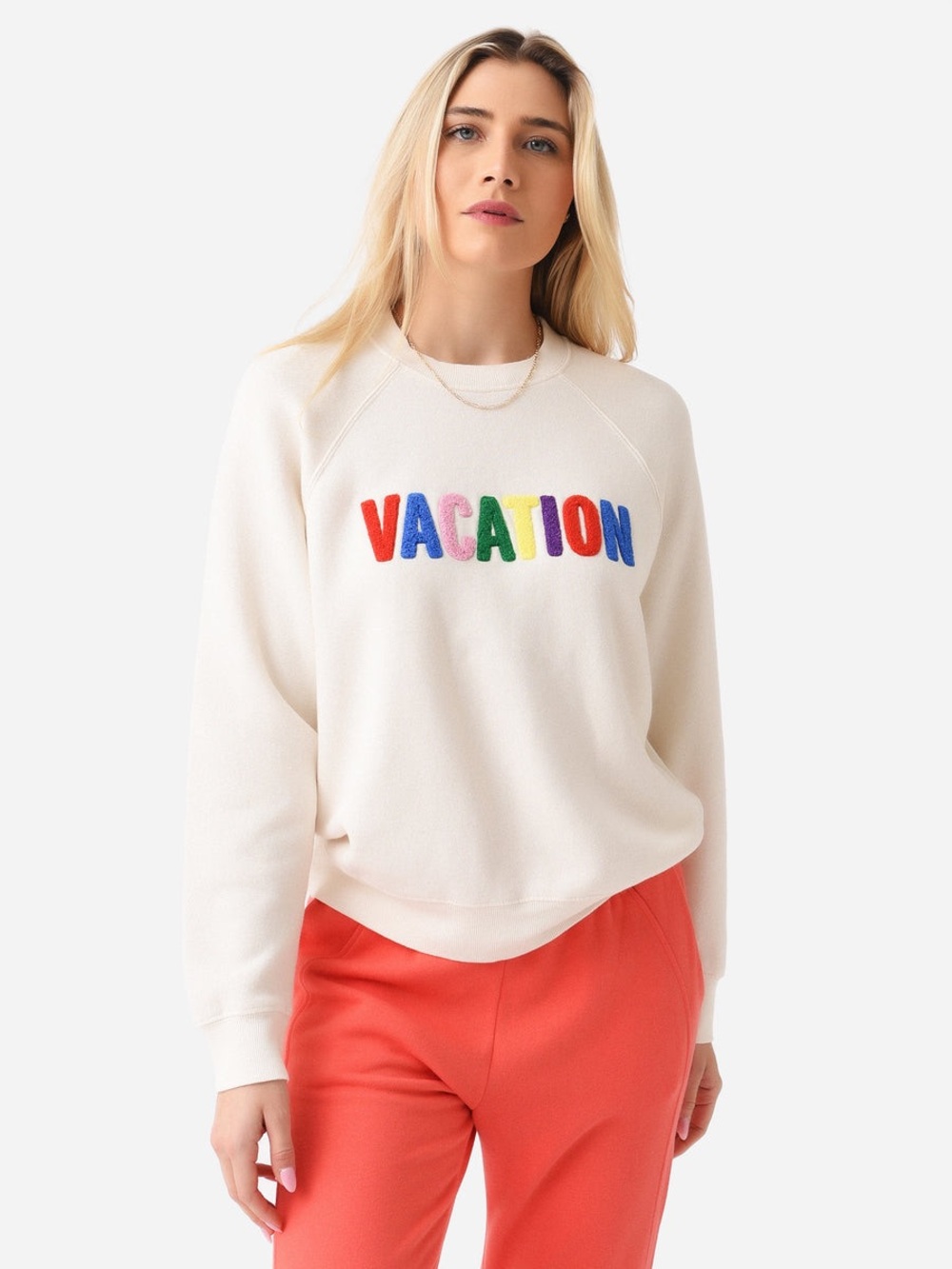 Z Supply Cream 'VACATION' Embroidered Crew Sweatshirt with Multi-Color Letters
